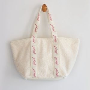 PINK Victoria's Secret Large Plush Logo Tote Bag in Ivory